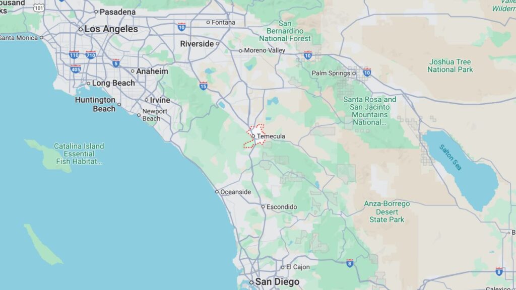 Map showing Temecula's location in Southern California, positioned between San Diego, Orange County, and Los Angeles, near major highways and national parks.