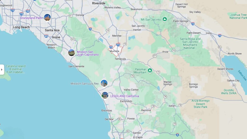 Map highlighting Murrieta’s central location in Southern California between San Diego, Orange County, and Riverside with nearby landmarks.