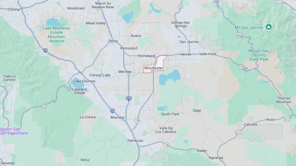 Map of Winchester, California, showing its proximity to Temecula, Murrieta, and Menifee in Southwest Riverside County.