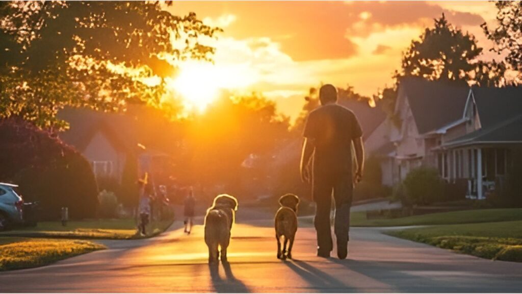 Man walking two dogs at sunset in a quiet suburban Murrieta neighborhood, reflecting the city’s family-friendly and safe community atmosphere.