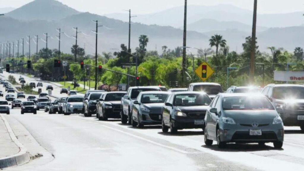 Cars lined up on Newport Road in Menifee during rush hour traffic, reflecting regional commuting challenges.
