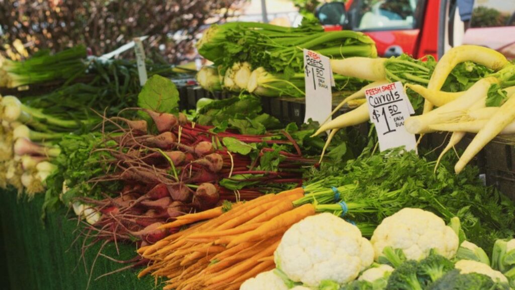 Grocery cart at a Temecula farmers market, symbolizing everyday living costs in the area.
