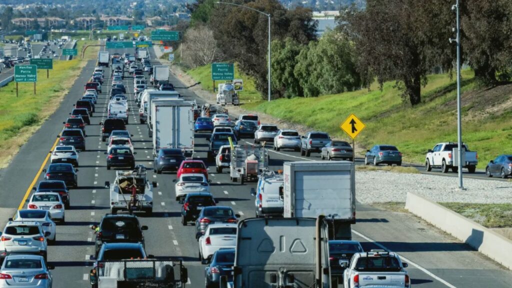 Traffic congestion on I-15 freeway in Temecula, California, showing commute challenges for local residents.
