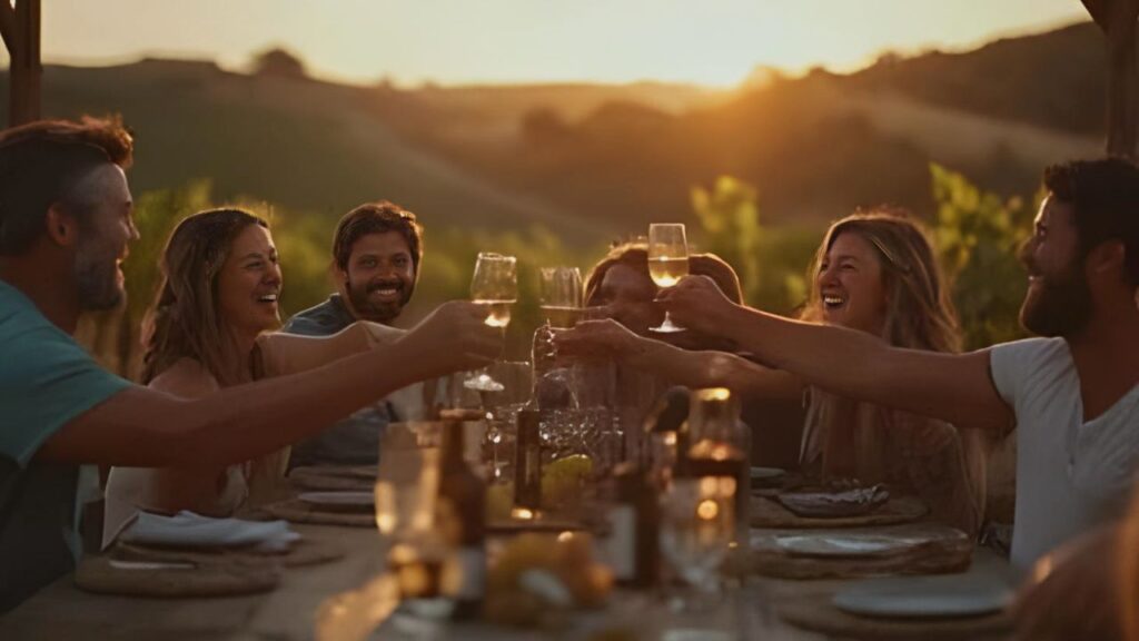 "People enjoying wine and dining outdoors at a Temecula winery, capturing the lifestyle appeal of the area."
