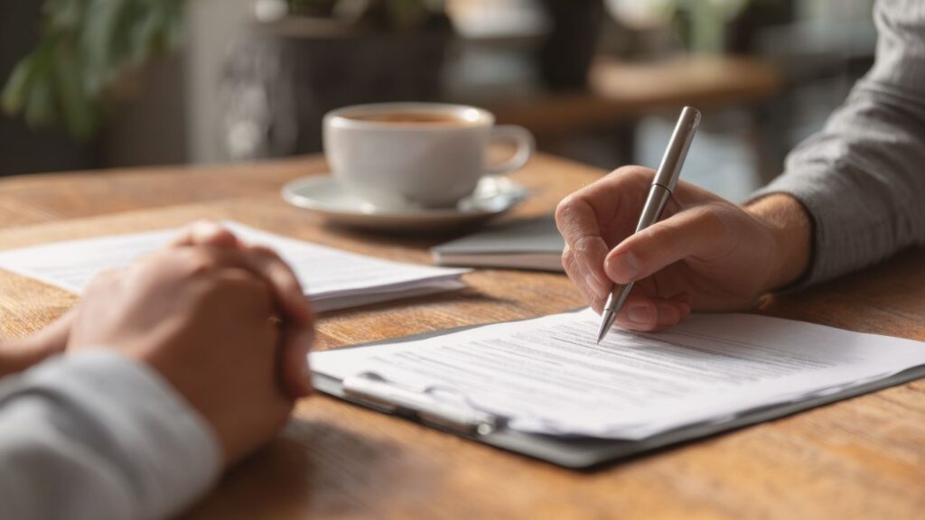 Homeowners in Winchester, California reviewing property tax information at their kitchen table.