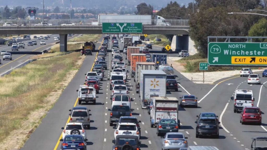 Morning commute along Winchester Road toward Interstate 215 in Winchester, California.

