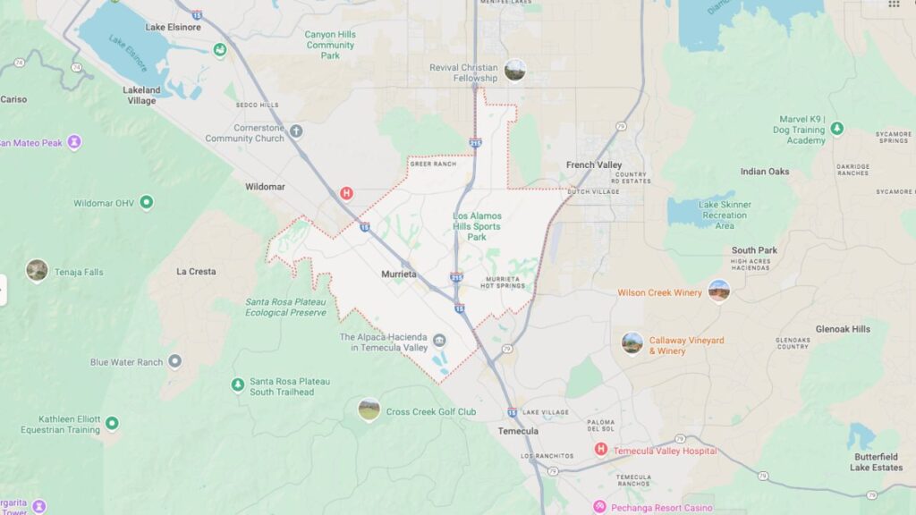 Map showing Murrieta California location with nearby cities, major freeways, and neighborhood layout for relocating home buyers